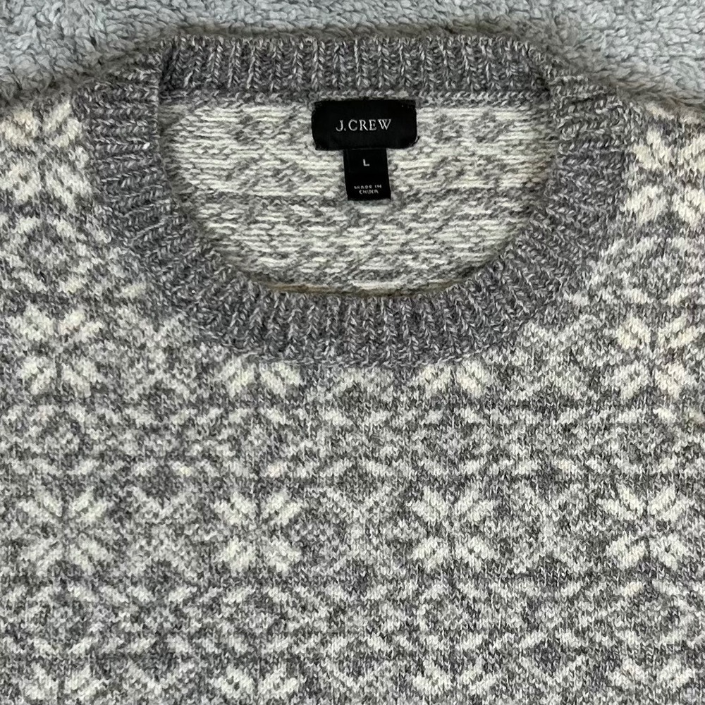 J.Crew Mens L Lambswool Fair Isle Snowflake Sweater Grey White Crewneck